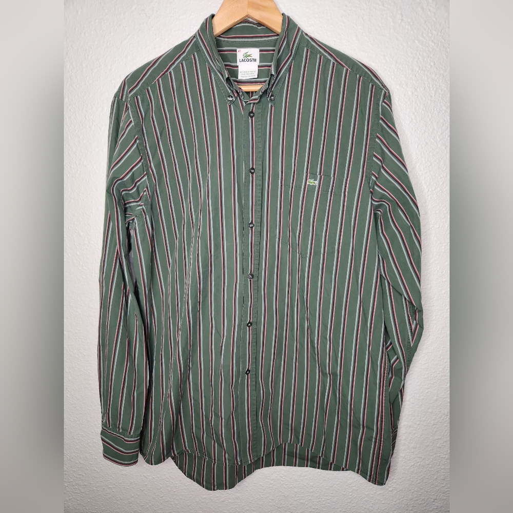 Lacoste Classic Green Pink White Striped Men's Button Down Shirt Size 42